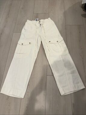 Free People Cream Drawstring Cargo Pants with Flap Pockets